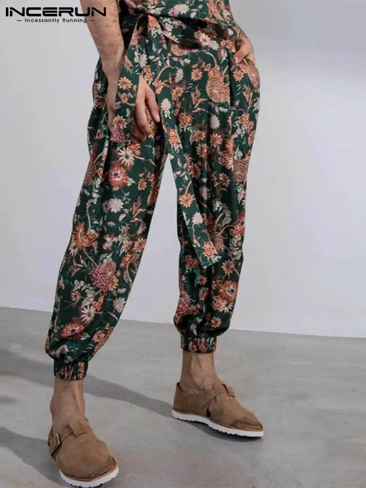 Men Casual Pants Flower Printed Lace Up Joggers Loose 2022 Trousers Streetwear Leisure Vintage Pantalones Hombre S-5XL INCERUN