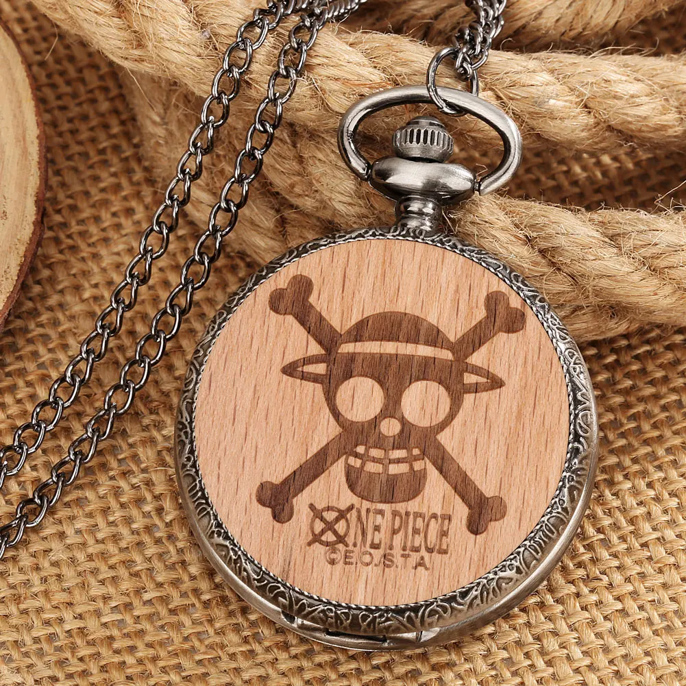 

Vintage Japan Cartoon Anime Pocket Watch Classic One Piece Quartz Fob Watches Necklace Wood Pendant Clock Gift for Kids Souvenir