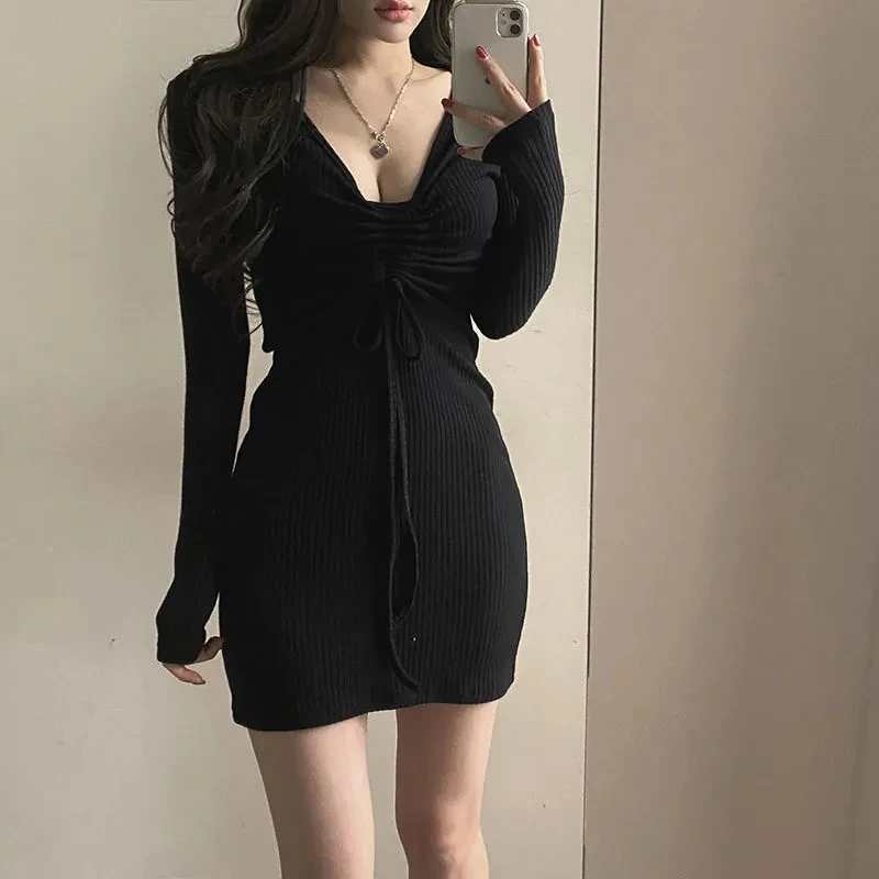 

Shirring Women's Dress 2023 Spring Evening Mini Dress Sexy Club Wear Tunic Frocks Slim Bodycon Long Sleeve Party One Piece Korea