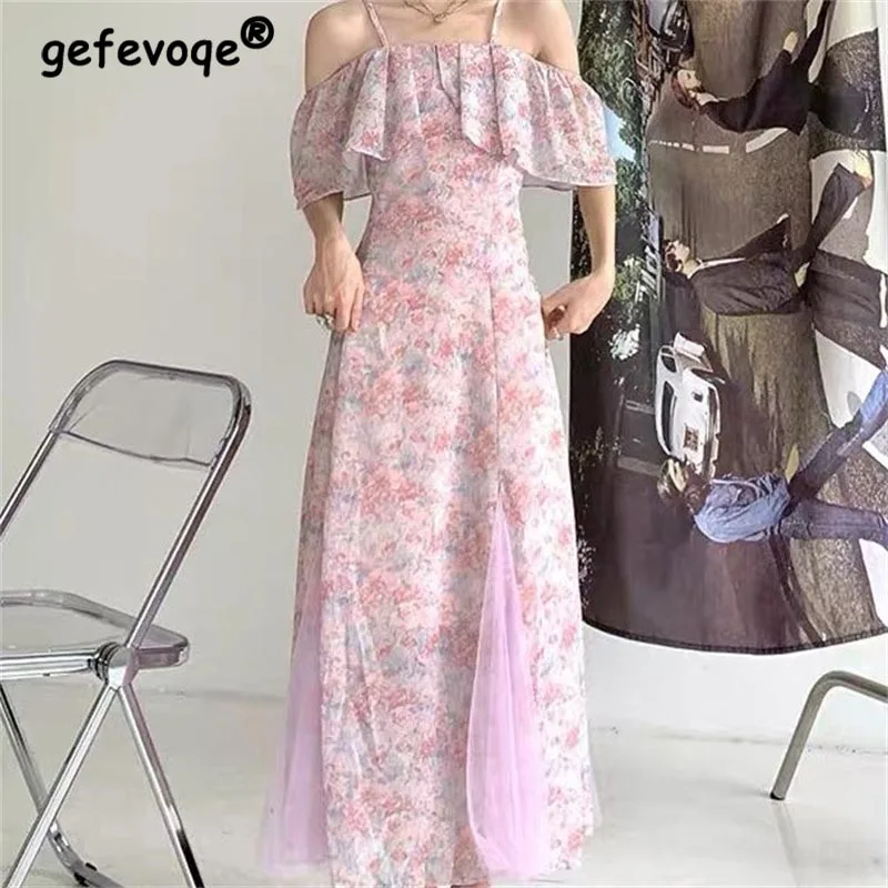 

French Vintage Chiffon Midi Dresses Women Floral Printed Korean Chic Lace Patchwork Ruffles Female Summer Slip Sweet Dress 2022