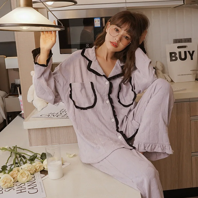 

Женская Хлопковая пижама с длинным рукавом, с воротником