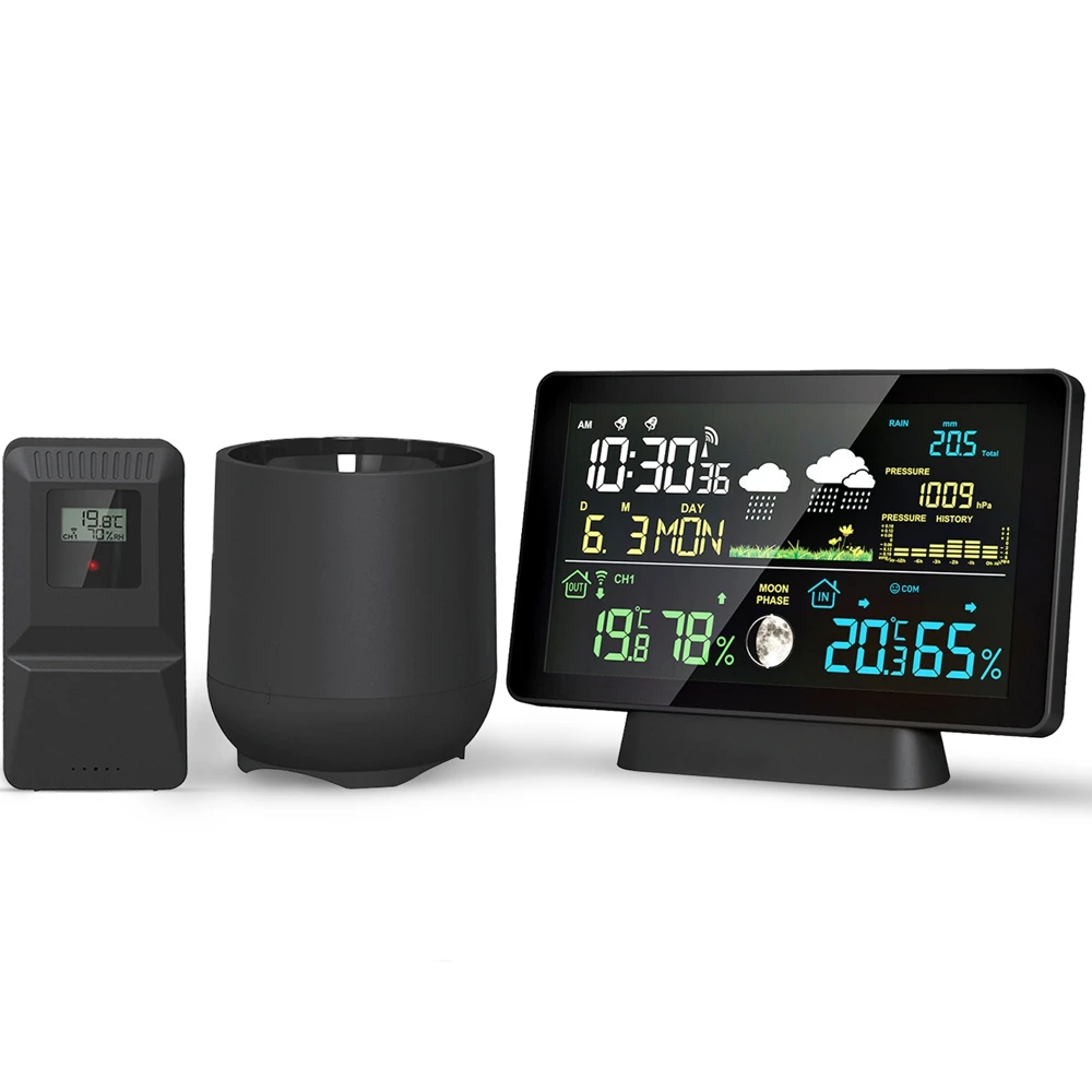 

Беспроводная метеостанция, датчик дождя, термометр, DCF, радиосигнал, время, дата, будильник, давление воздуха, фаза Луны, прогноз погоды