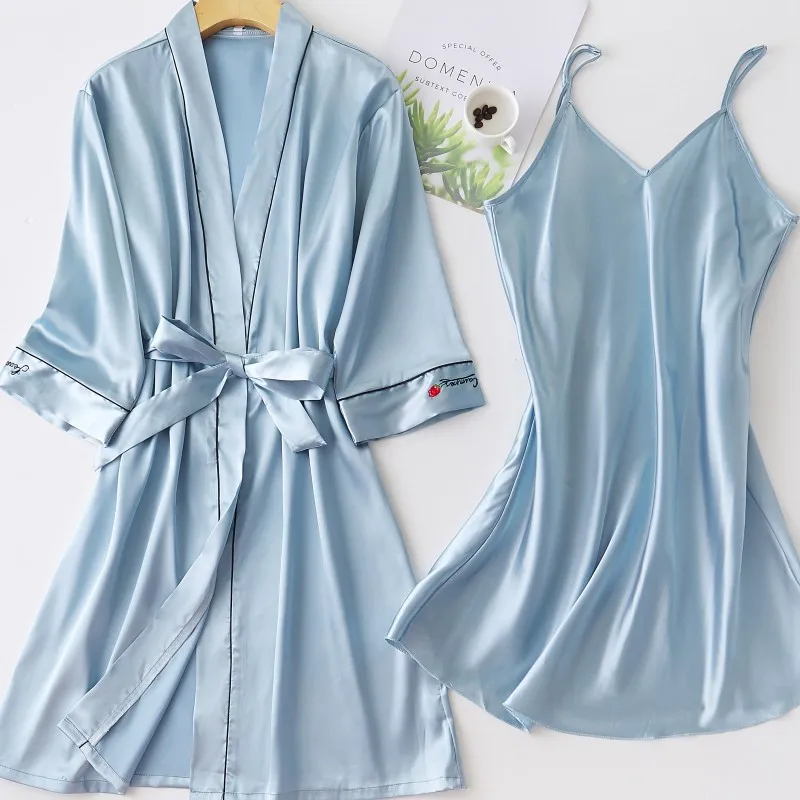 Nightdress Summer Thin Pajamas Women's Sexy Suspender Nightgown Two Piece Set Home Clothes V-neck Ice Silk Pajamas  Women's Robe