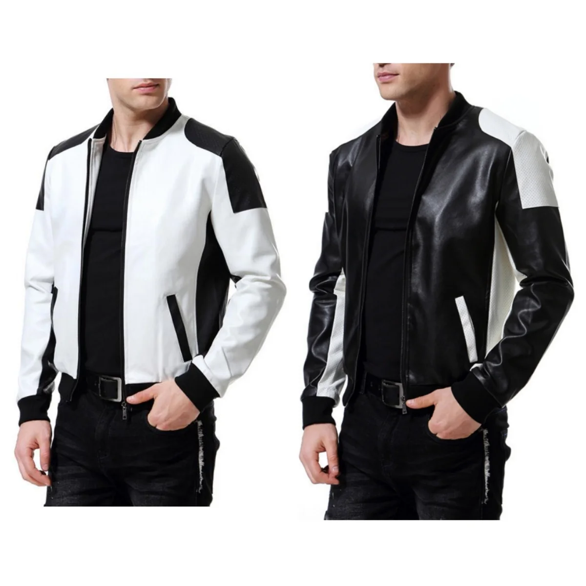 Spring Autumn Pu Leather Jacket Men Fashion Patchwork White Black Windbreak Overcoat Causal Slim Motorcycle Biker Leather Coats