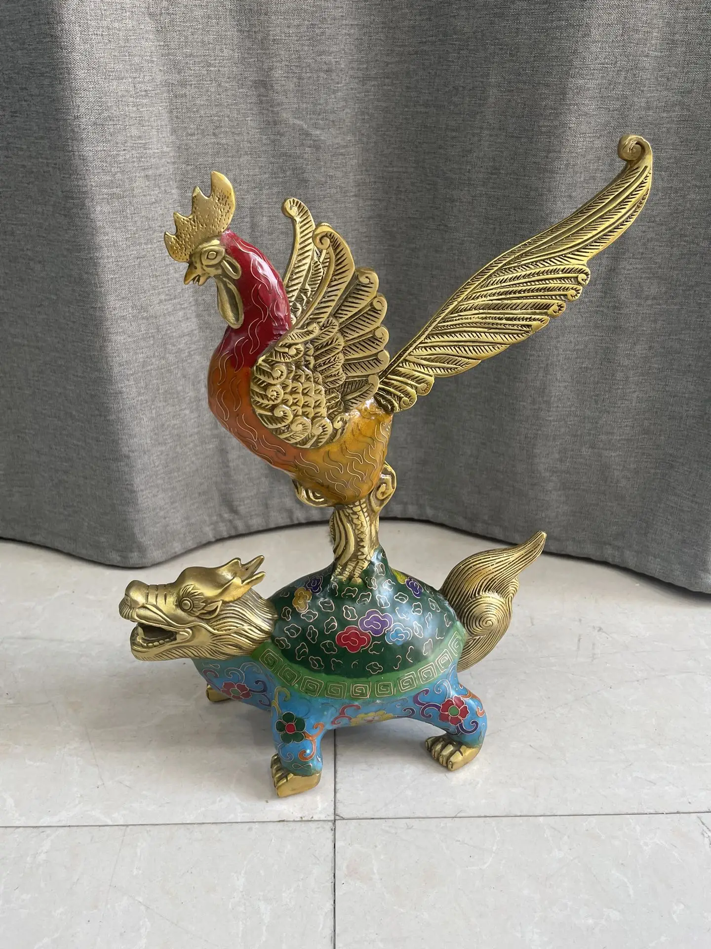 

12"Tibet Temple Collection Old Bronze Cloisonne Enamel Chicken Station Dragon Turtle statue Lion be the champion Amass wealth