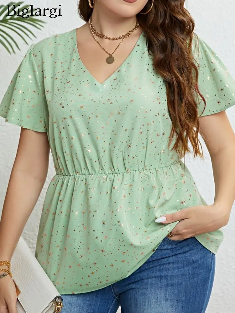 

Блузка женская летняя плиссированная с блестками и принтом