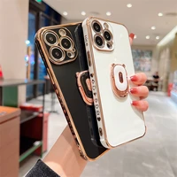 bear ring holder phone case for iphone 13 12 mini 11 pro xs max xr x 8 7 plus se 3 2 side love heart soft tpu plating back cover