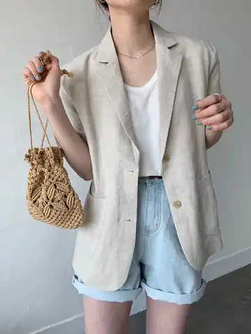 Женский винтажный пиджак с коротким рукавом, однотонный Повседневный тонкий свободный пиджак из хлопка и льна в Корейском стиле, лето 2022