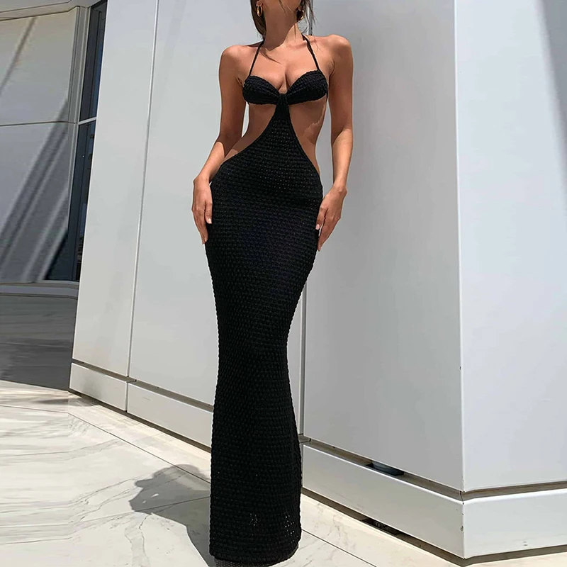 

Beach Style Maxi Dress Bodycon Chic Women Chest Wrap Hollow Out Backless Tie-up Halter Dresses Sleeveless Club Party Clothing