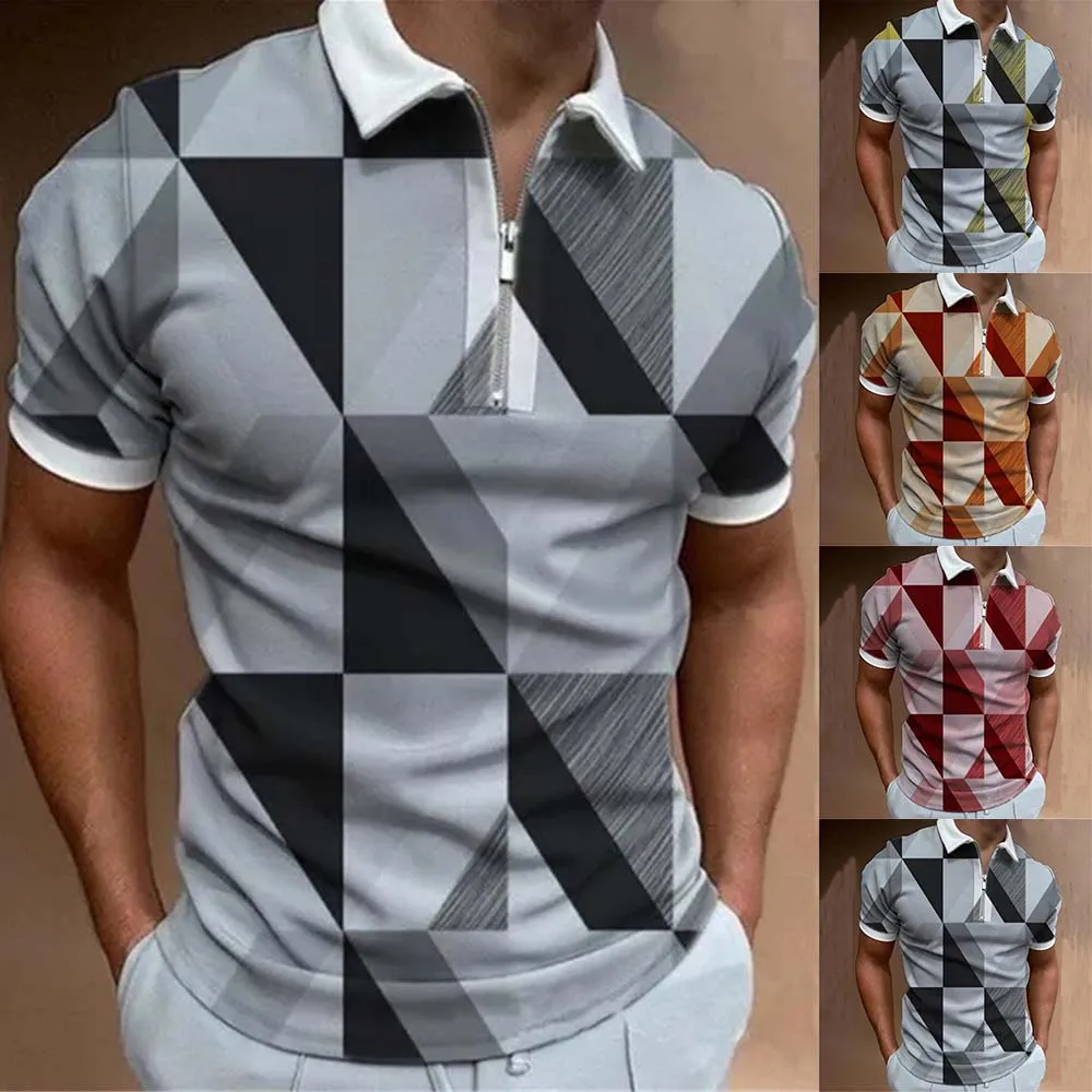 

Summer Men Plaid Stripe Golf Casual Polo Shirts Polo Shirts Collar Zipper Design Men Street Clothes Polo T Shirt For Men