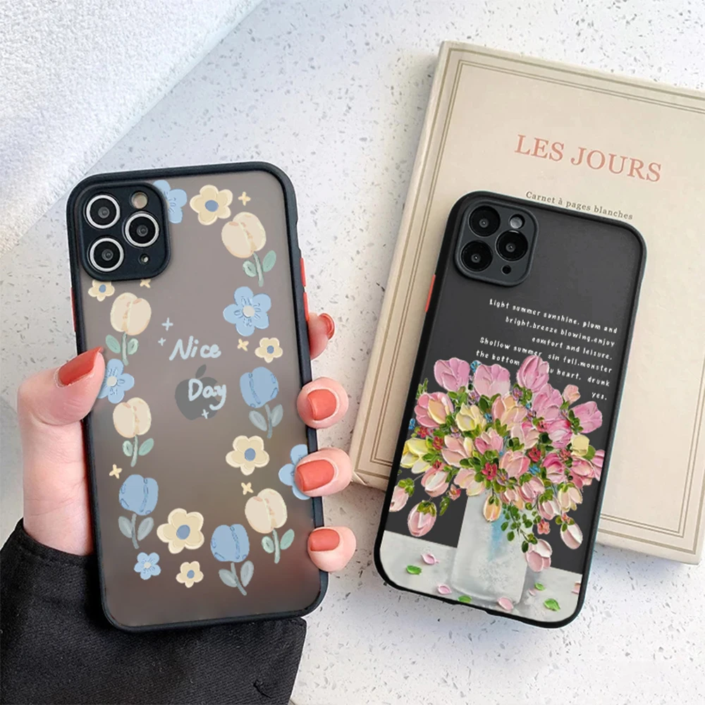 

Hard Back Fundas for IPhone 14 13 12 11 ProMax Mini Plus Cover for IPhone XR XS Max 7 8 SE 2022 Oil Painting Flowers Phone Case