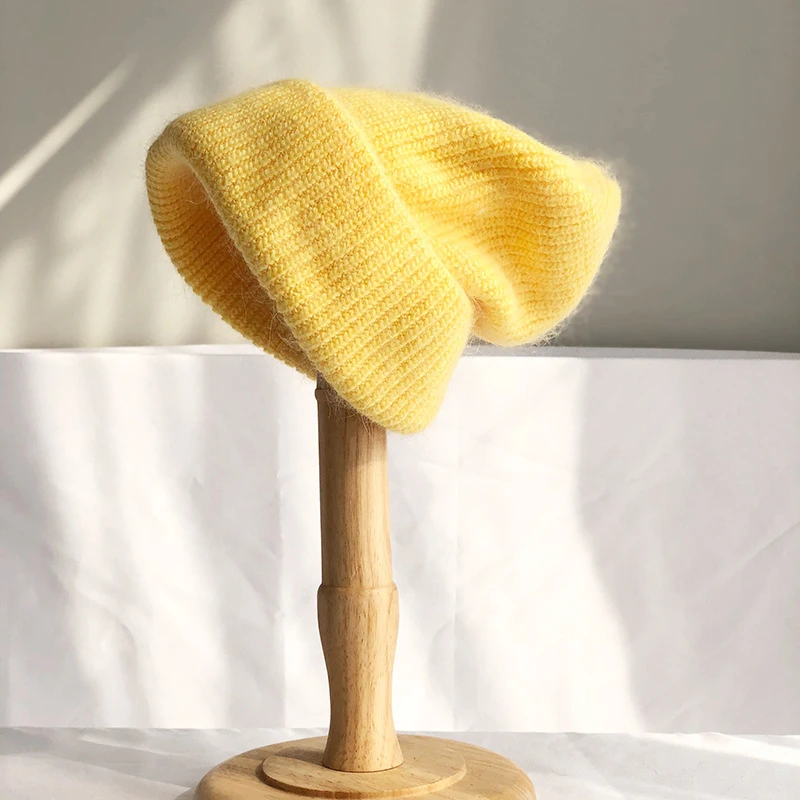 

Women Winter Warm Hat Rabbit Fur Hair Female Cap Solid Color Wide Skullie Beanie