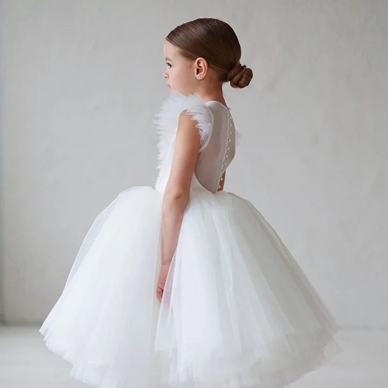 

Платье с оборками на рукавах для маленьких девочек на день рождения, белое свадебное Цветочное платье для девочек, первый приходный вечерний костюм с пышными рукавами, платья на 6 лет