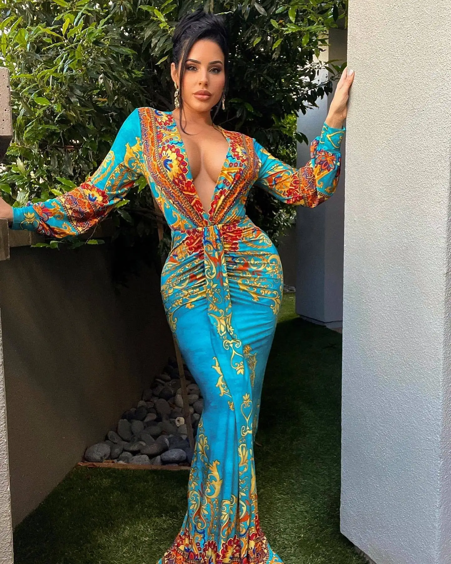 

Retro Ethnic Print Maxi Dress Women Autumn Sexy Slim Deep V-neck Bandage Bodycon Dresses Party Ladies Elegant Long Evening Dress