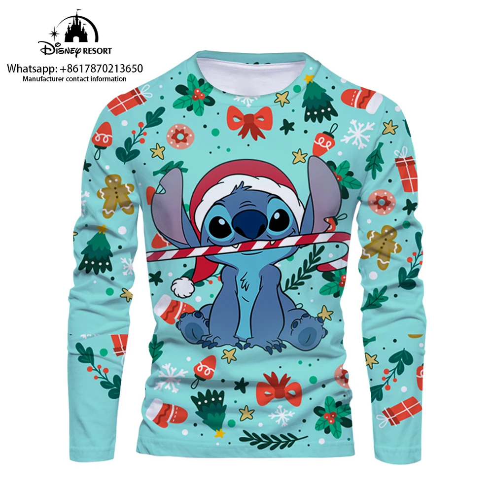 

2022 Christmas New Disney Brand Stitch Anime 3D Printing Fashion Casual Trend Men's Round Neck Long Sleeve T-Shirt Y2K