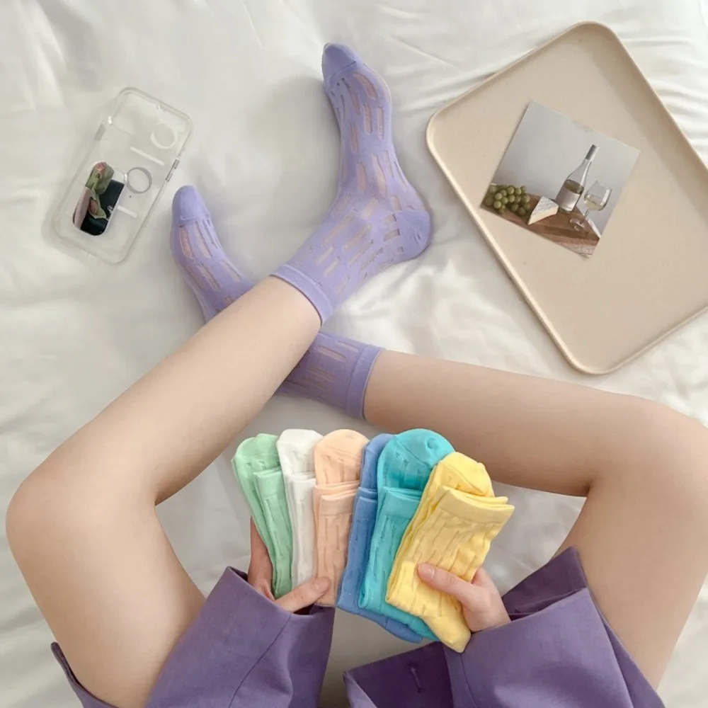 

Summer Socks Women Thin New Japanese Style Candy Color Girls Short Casual Hollow Out Fresh Cotton Fashion Socks