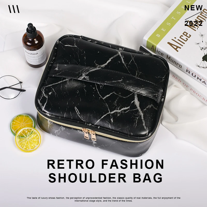 

Retro Fashion Marble Cosmetic Bag Partition Multi Functional Portable Travel Storage Makeup Case Shoulder Bag