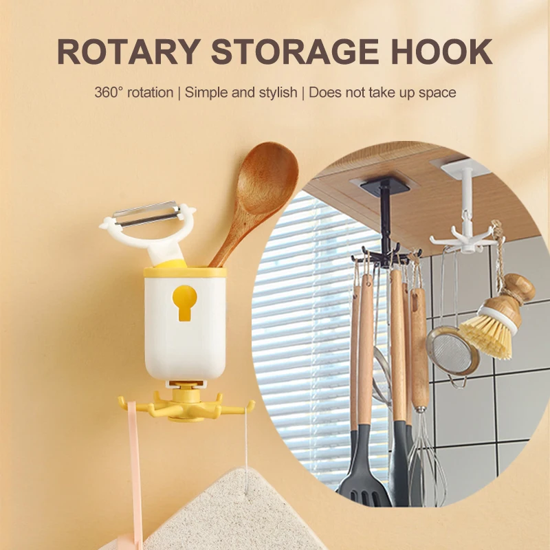 

360-Degree Rotation Hook Kitchenware Spoon Storage Rack Handbag Clothes Ties Hanger Hanging Rack Punch-Free Self-Adhesive Hook