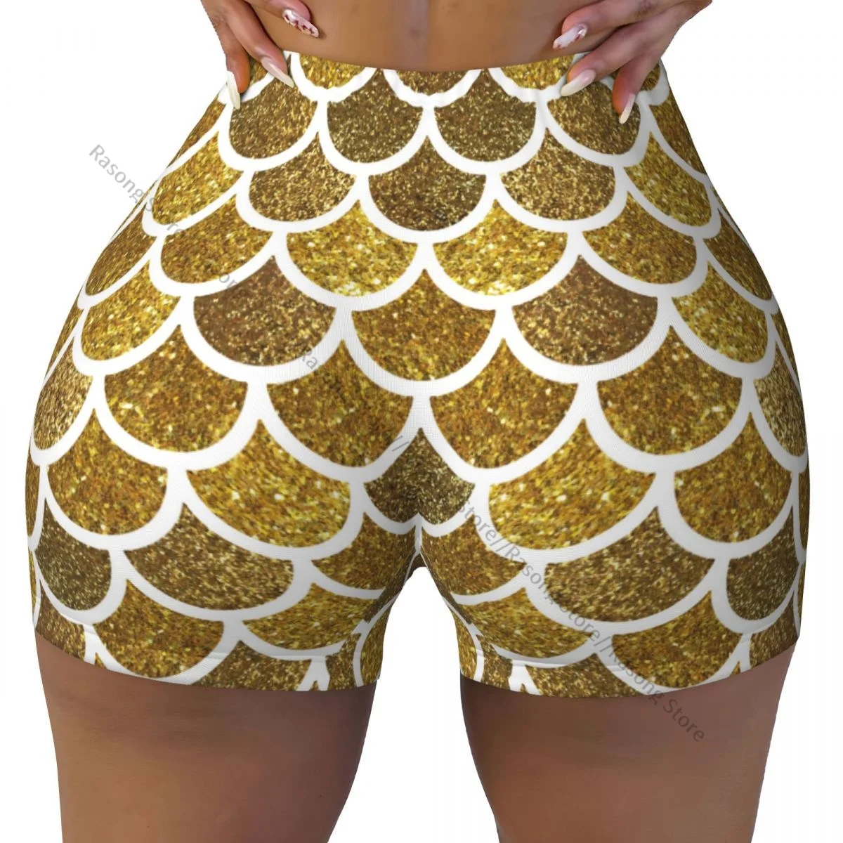 Шорты для йоги золотистые блестящие женские байкерские плотные эластичные