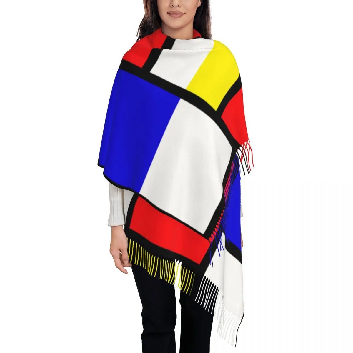 

Женский шарф с узором Mondrian, зимние и осенние шали из пашмины и накидка, длинная шаль с абстрактным геометрическим рисунком, шарф для дам