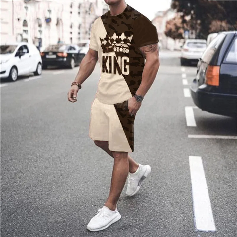 King K Camo Print Men's Suit Summer Fashion Streetwear Set High Street T-shirt + Shorts 2 Piece Tracksuits Set Casual Sportswear