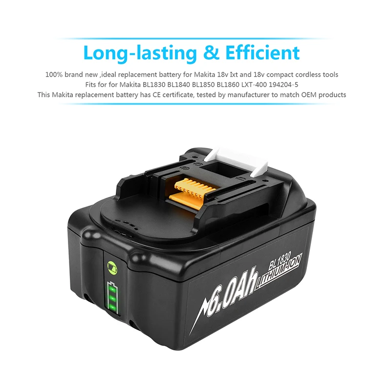 Аккумулятор для Makita 18В 6Ah BL1830 BL1850 перезаряжаемая батарея со светодиодным