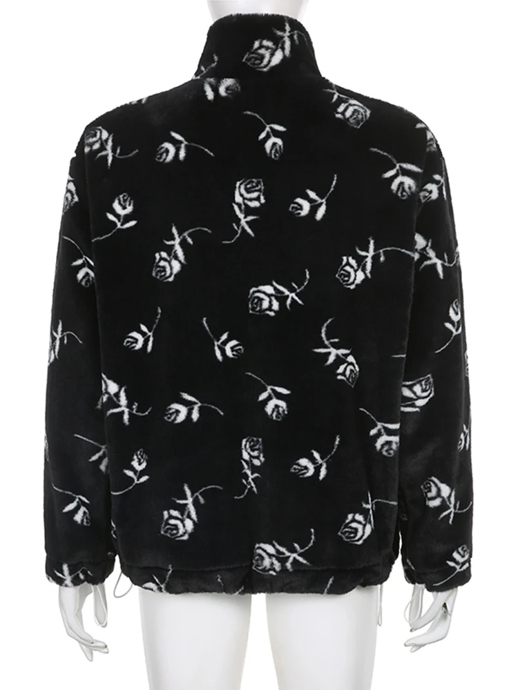 WieYao 2022 Winter Fluffy Faux Fur Coats For Women Floral Print Zip Up Stand Collar Full Sleeve Oversized Pullover Sweatshirts