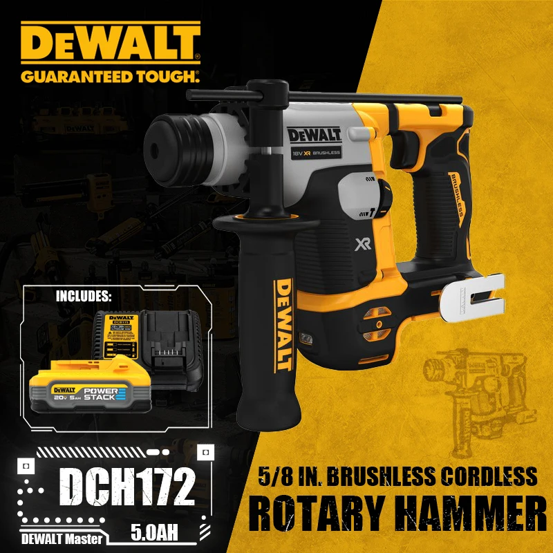 

DEWALT DCH172 Kit 5/8in Brushless Cordless SDS Plus Rotary Hammer 20V Lithium Tool 1060RPM 4980BPM 1.4J With Battery Charger