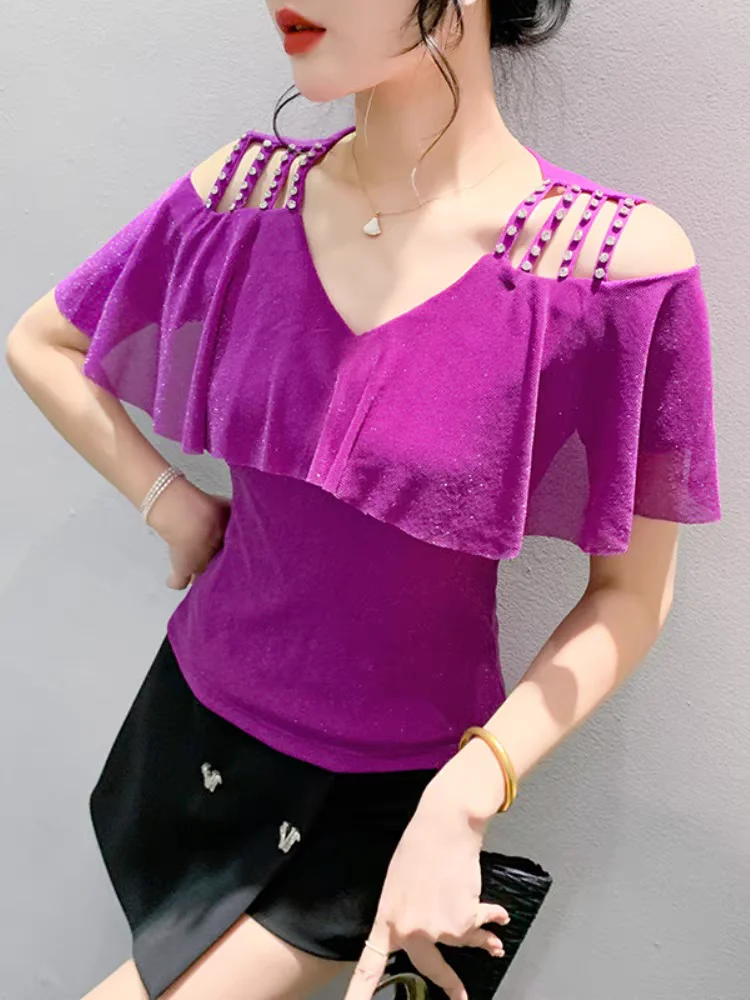 Летняя женская блузка с V-образным вырезом блестящие сетчатые футболки оборками