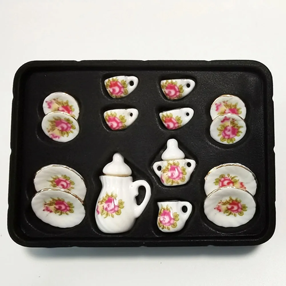 

15pcs 1:12 Toy Teapot Teacup Miniature Porcelain Tea Cup Set Mini Flower Pattern Play House Dollhouse Decor Accessories Model