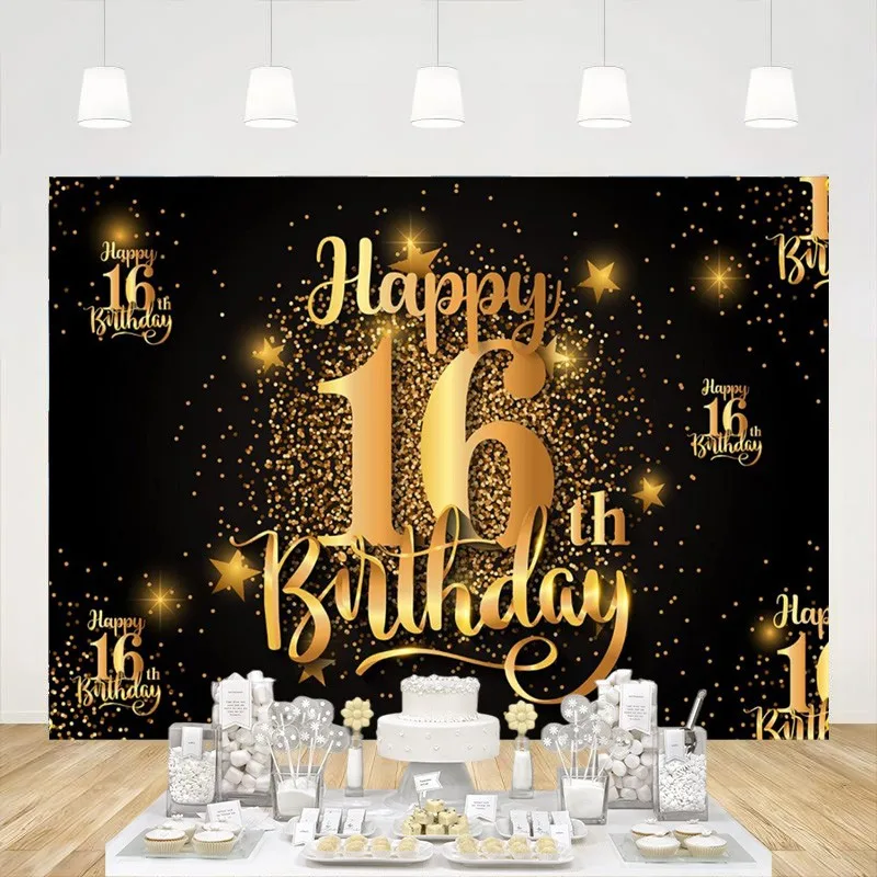 

Happy 16th Birthday Party Backdrop Banner Step and Repeat Sixteen Year Old Shiny Black Gold Background Decoration Booth Props