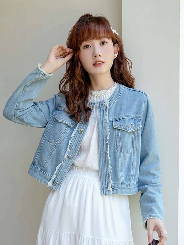 La Chabell Puella Short Denim coat Women Autumn Burr Design Sense Hong Kong Sle Vintage top