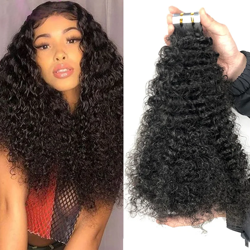

Machine Made Tape In Hair Extensions 100% Remy Malaysian Curly Hair Skin Weft Natural Color For Black Women