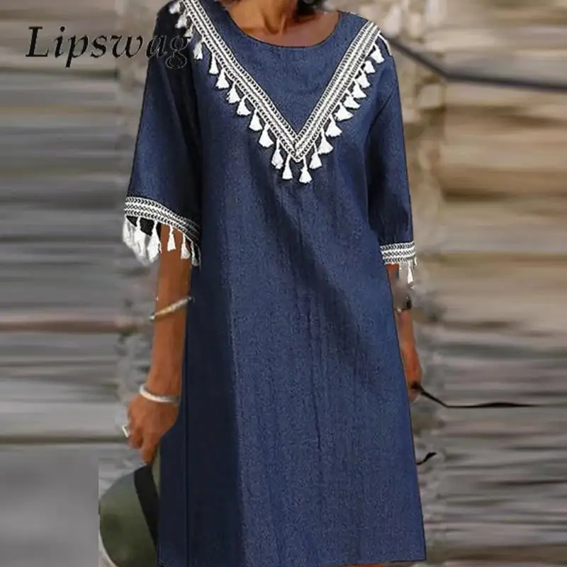 

Fashion Patchwork Tassel Party Dress Women Elegant O-Neck Cotton Linen Dress Office Lady Summer Vintage Half Sleeve Beach Dress