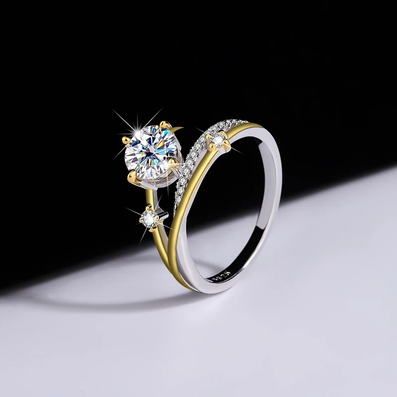 New 1 carat four claw inlaid ring bracket star track sterling silver gold color Moissanite imitation diamond female ring