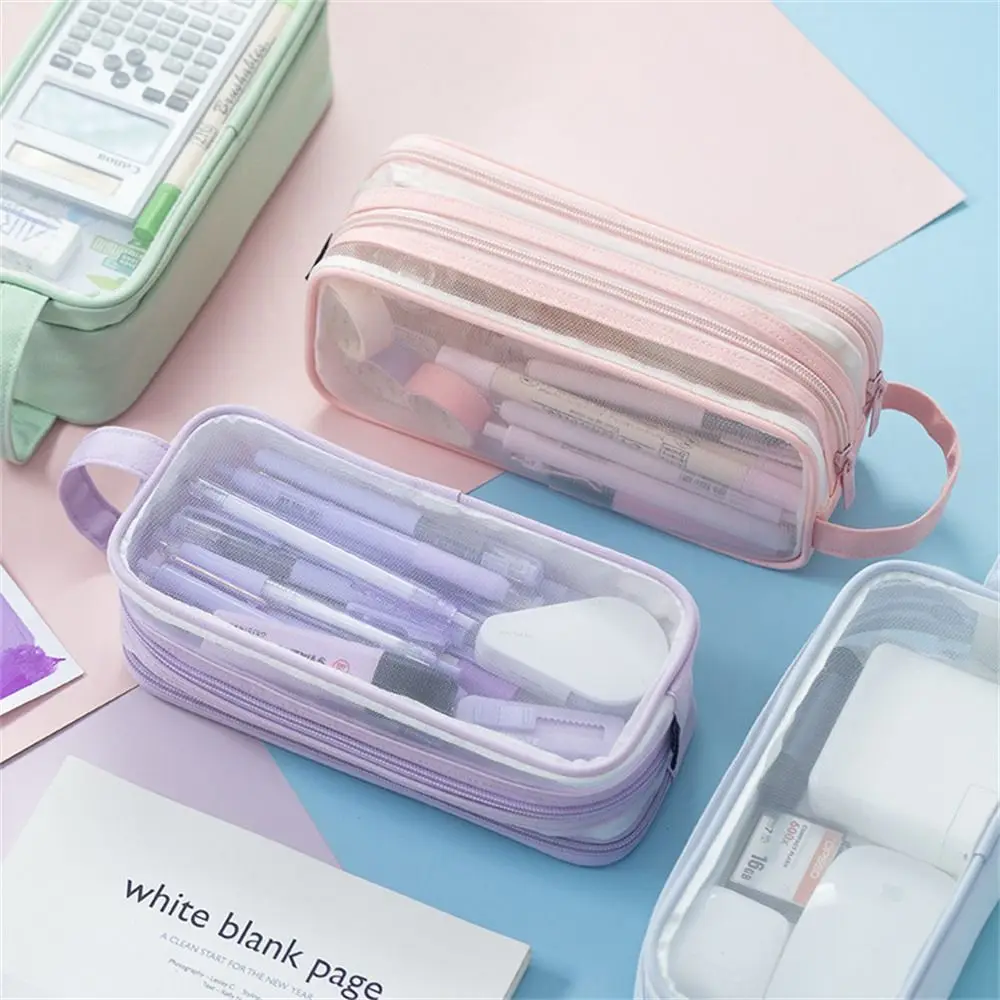 

Large Grid Mesh Pencil Case Marker Pouch Two Compartment Pencil Bag Transparent Zipper Closure Stationery Organizer