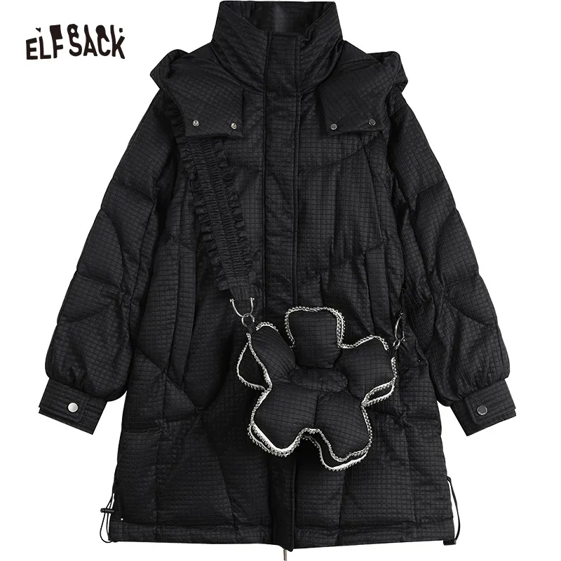 ELFSACK Black Warm Down Coats Women 2022 Winter Long Casual Coats