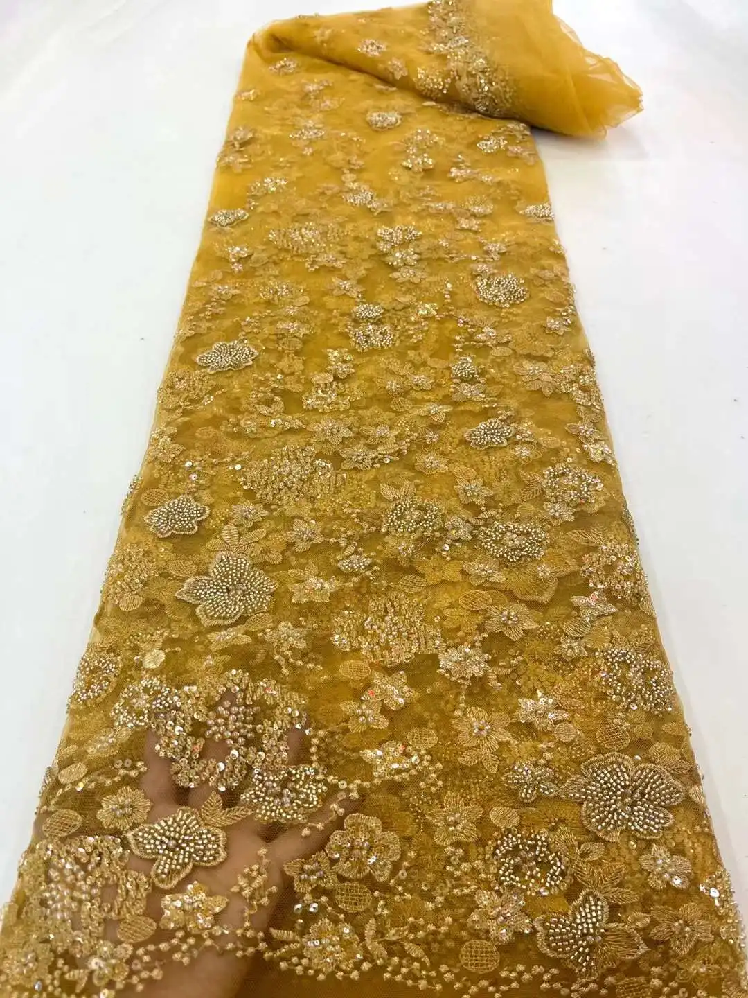 

Gold African Groom Tulle Lace Fabric 2023 High Quality Beaded Sequins Lace French Nigerian Sewing Wedding Bridal Fabric 5 Yards