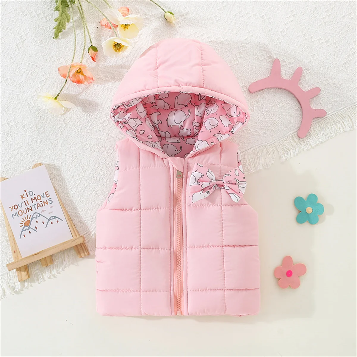 

Autumn And Winter Girls' Cotton Vest Cartoon Clip Solid Hooded Sweet Bow Zipper Warm Coat