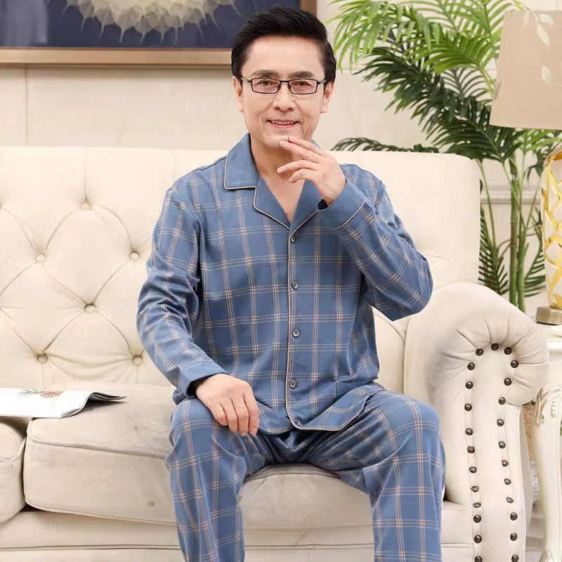 Cotton Pajamas For Men New Style L-4XL Plus Size Spring/Autumn Turn-Down Collar Loose Sleepwear Pyjamas Suits Nightwear Male
