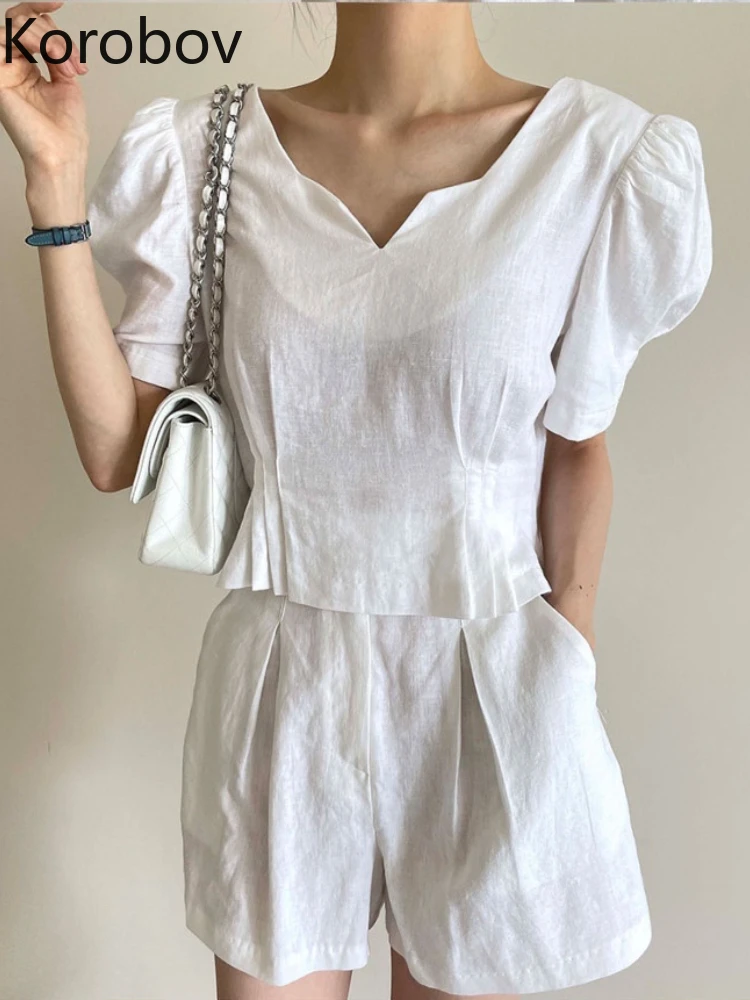 

Korobov Korean Exposed Collarbone Love Collar Puff Sleeves Solid Color Shirt Summer Vintage Two Piece Sets Womens Outifits