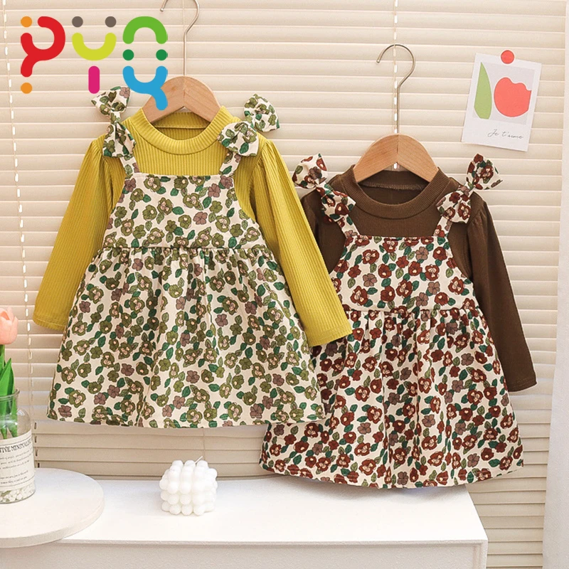 Girls Princess Dress 2023 New Spring Autumn Kids Cute Sweet Flower Bow Dress For Children Long Sleeve Printing Casual Dress 1-4Y