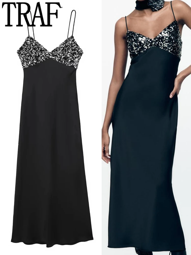 

TRAF Satin Sequin Dress Woman Black Slip Glitter Dress Women 2022 Backless Long Elegant Evening Dress Party Midi Sexy Dresses