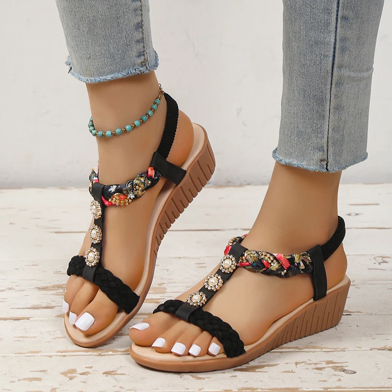 Women's Shoes 2023 Summer Regional Style Printed Women's Shoes Elastic Strap Lightweight Roman Women Sandals Rhinestone Slippers
