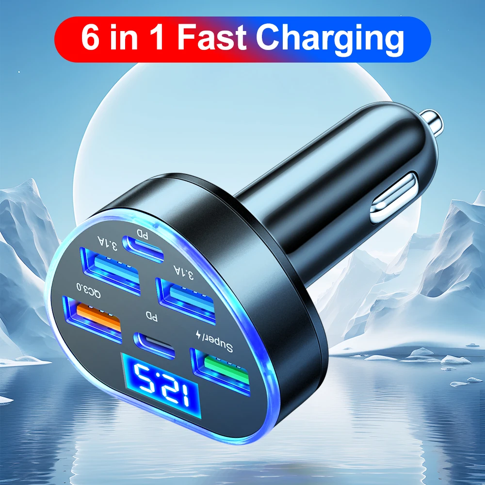 GUSEYEE Автомобильное Зарядное Устройство 120 Вт 6-портовый USB Type C QC3.0 PD Адаптер Для