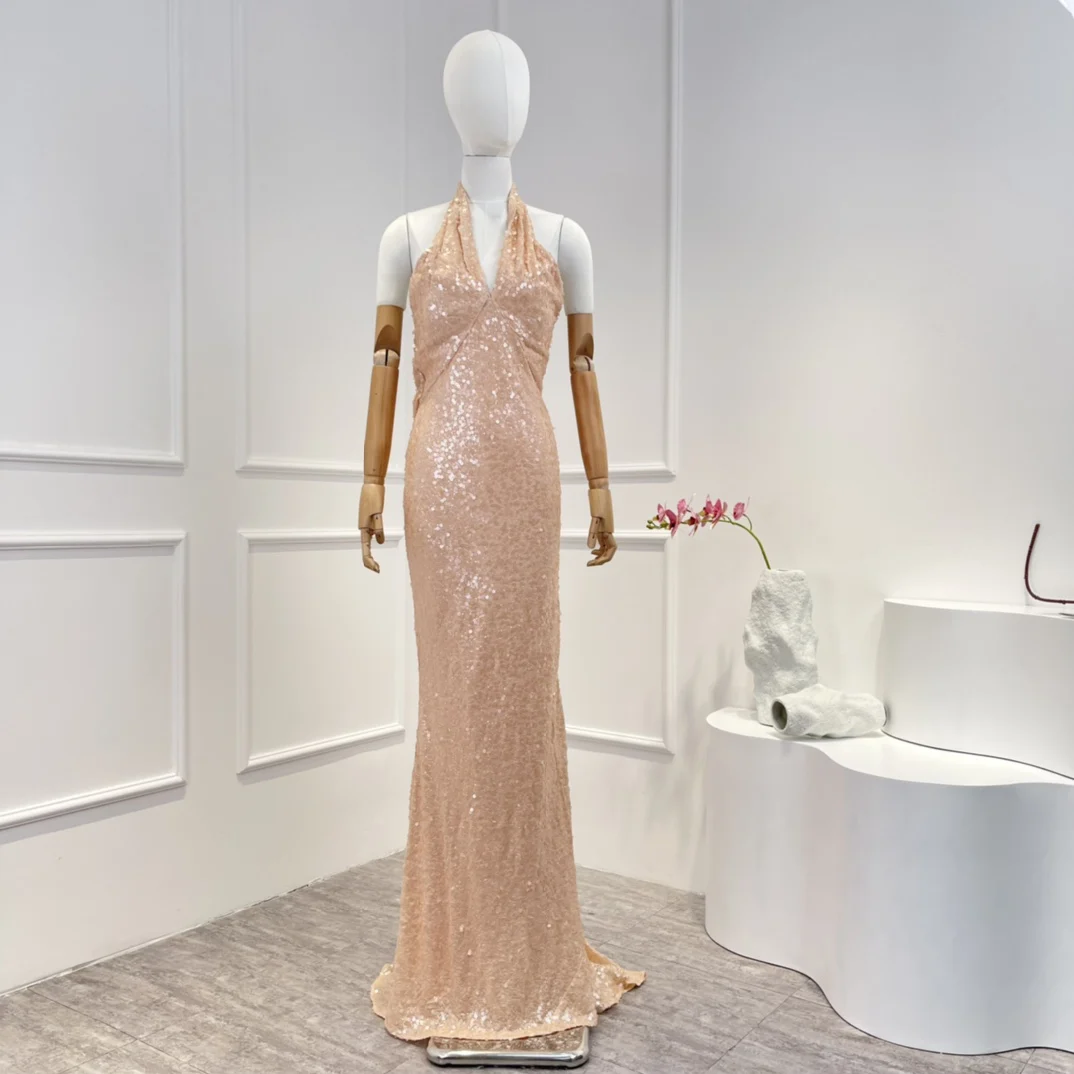 

2023 Gorgeous Floor-Length Slim Champagne Sleeveless Sequined Backless Patchwork Empire Luxury Party Dress for Lady