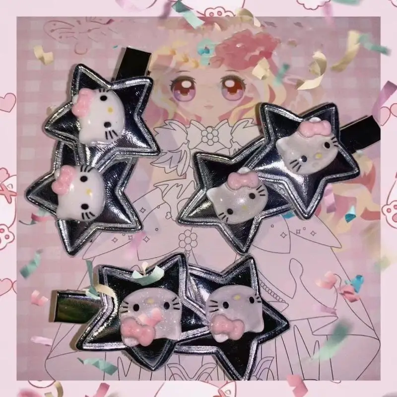 

2Pcs Anime Hello Kitty Hair Pin Dark Girl Silver Leather Star Hairpin Spicy Girl Bang Hairpin Cute Facial Wash Makeup Assistant
