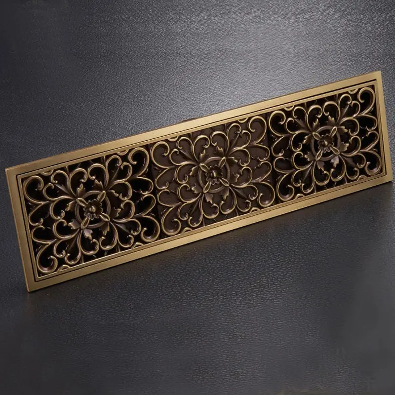 free shipping antique brass 8 x 28cm bathroom linear shower floor drain wire strainer waste drainer flower carved fd015 free global shipping