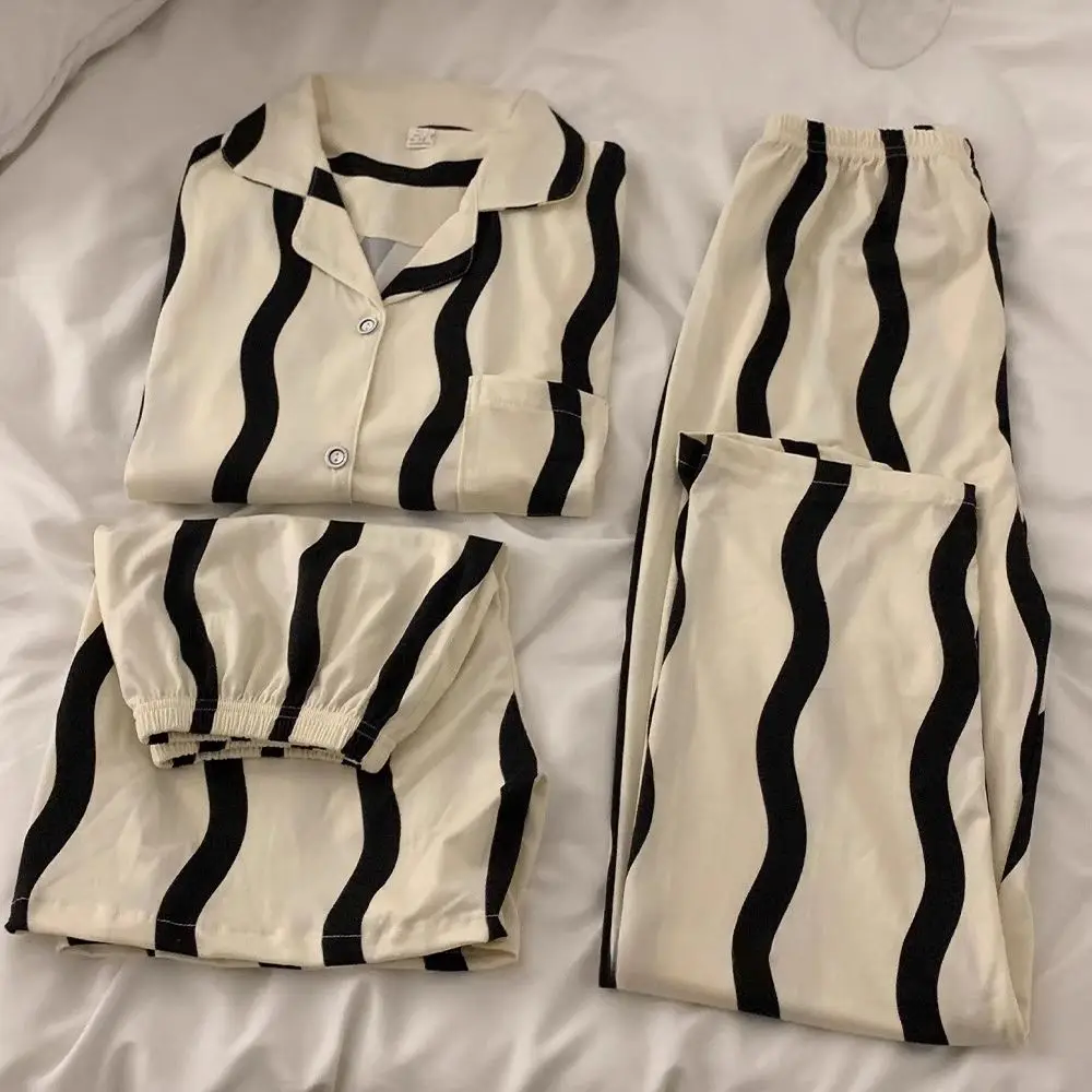 High-grade pajamas female summer short-sleeved striped three-piece students can wear new spring and autumn home clothes in 2023.
