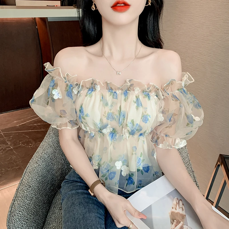 

Летняя рубашка с оборками и воротником-лодочкой, женские блузы, сексуальные женские блузы с открытыми плечами, Женская эстетичная блузка с цветочной вышивкой, укороченный топ, блузки